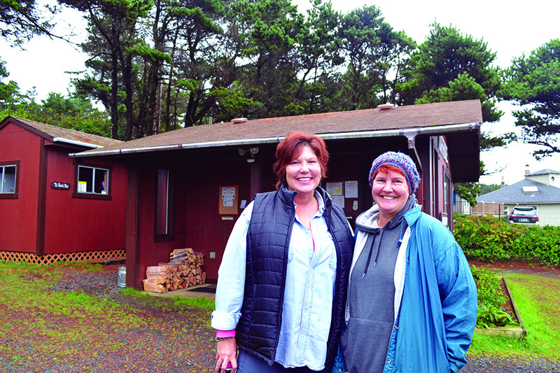 Two female Workampers in front of RV park office