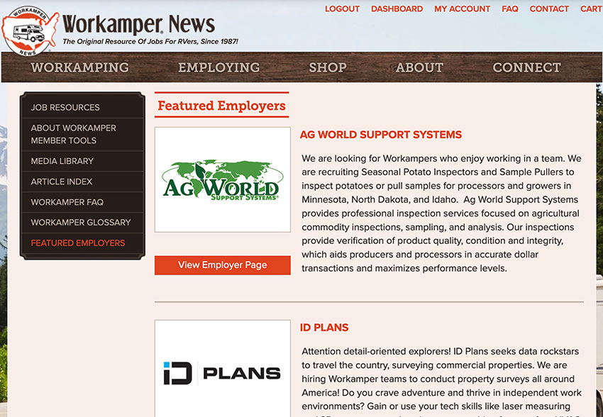 Screenshot of the Featured Employer page at workamper.com
