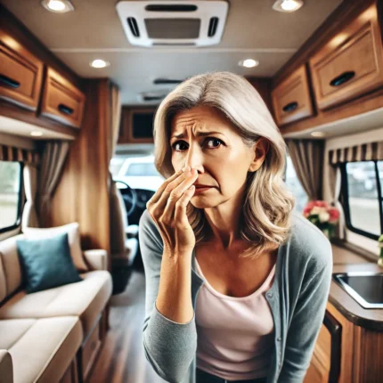 A middle-aged woman inside an RV, holding her nose with a displeased expression, indicating a bad odor.