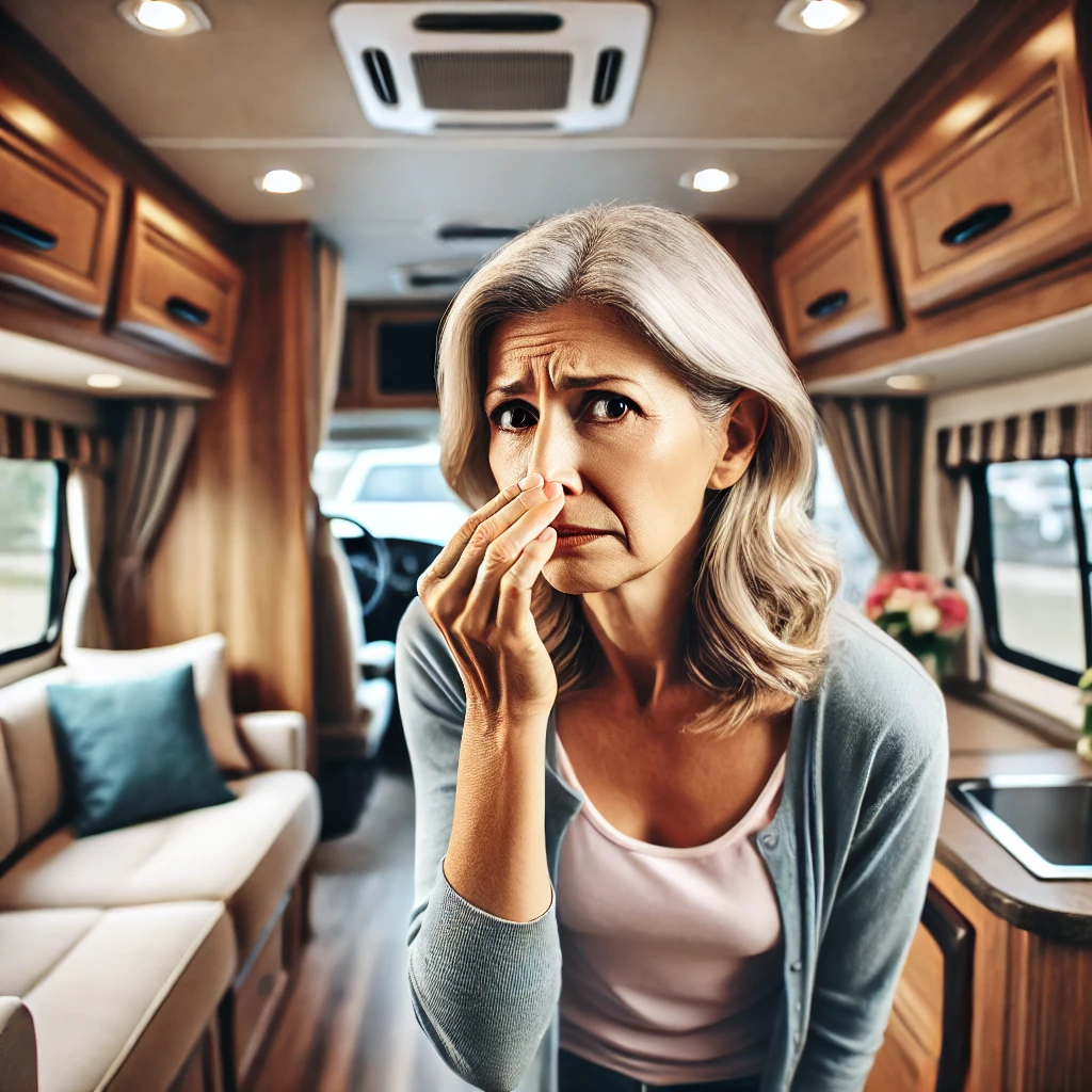 A middle-aged woman inside an RV, holding her nose with a displeased expression, indicating a bad odor.