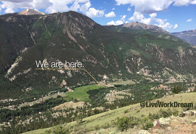 Aerial view of a ranch in a river valley in Colorado.