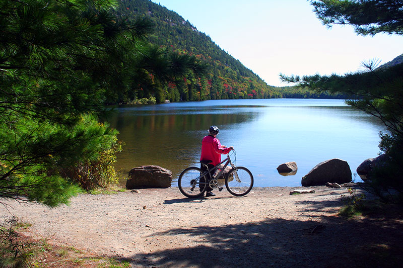 Woman standing with bike looking at lake on a carriage road in Acadia National Park