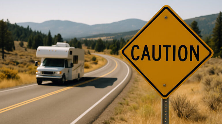RV on road with caution sign
