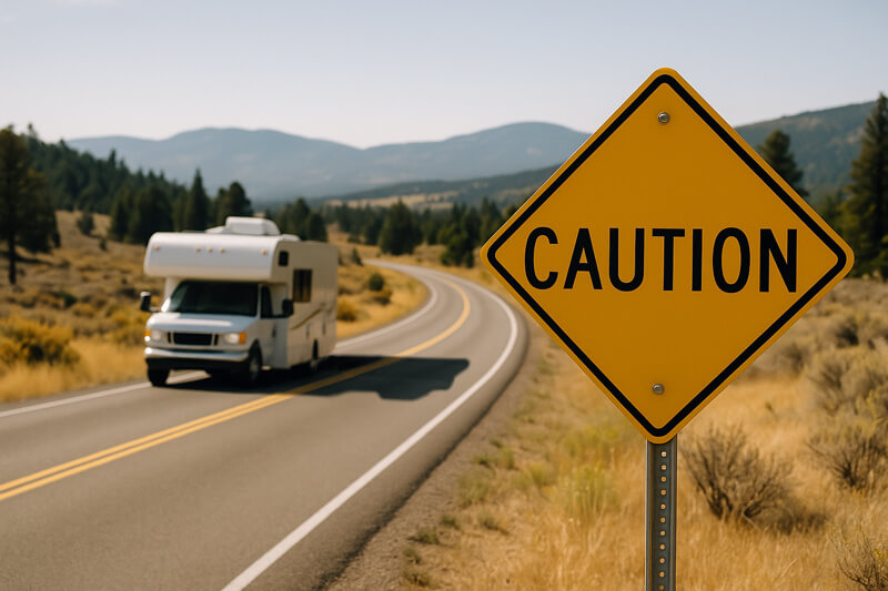 RV on road with caution sign
